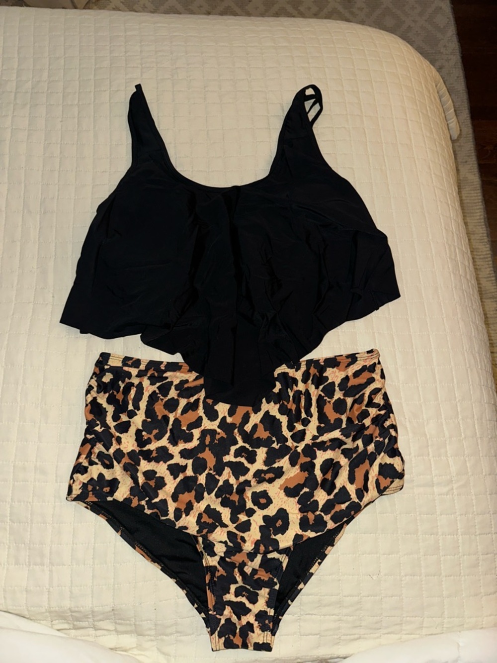 Amazon Black Flounce Bandeau Top with Leopard High-Waist Bottoms